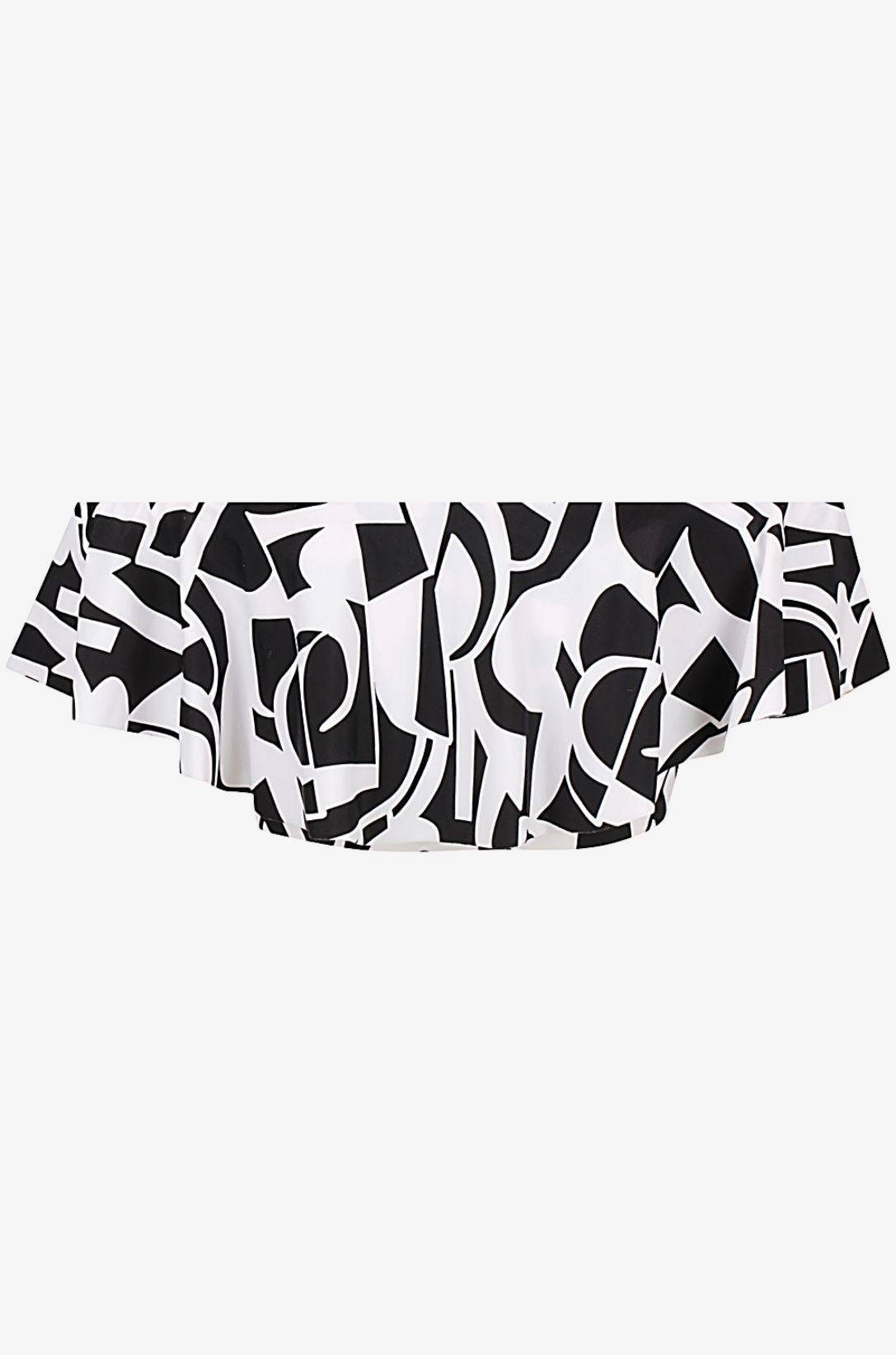 Back view of a black and white geometric patterned off-shoulder swim top on a grey background