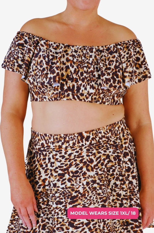 Leopard print off-shoulder swim worn by a model seize 1XL/18 on a white background