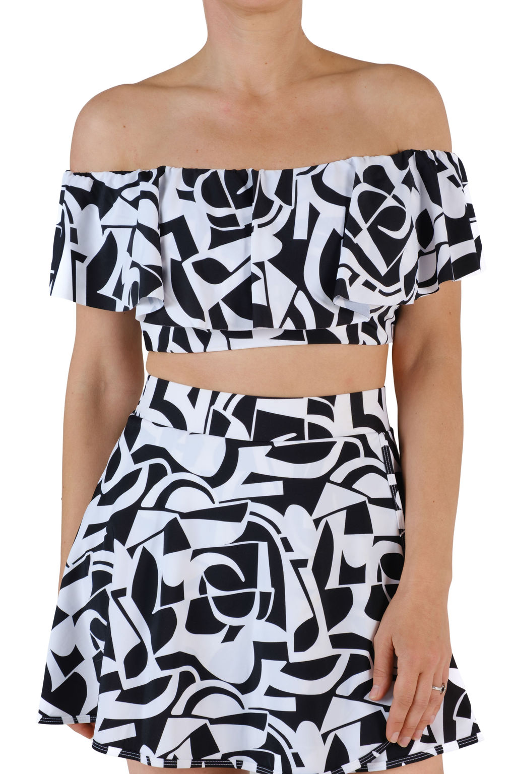 High-Waisted Swim Skirt with Built-In Bottoms - Geometric