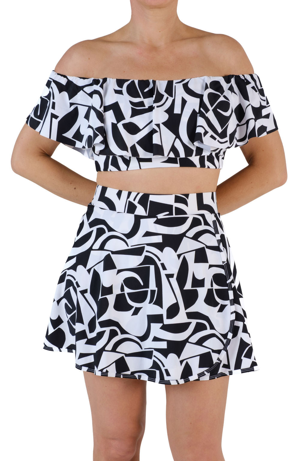 High-Waisted Swim Skirt with Built-In Bottoms - Geometric