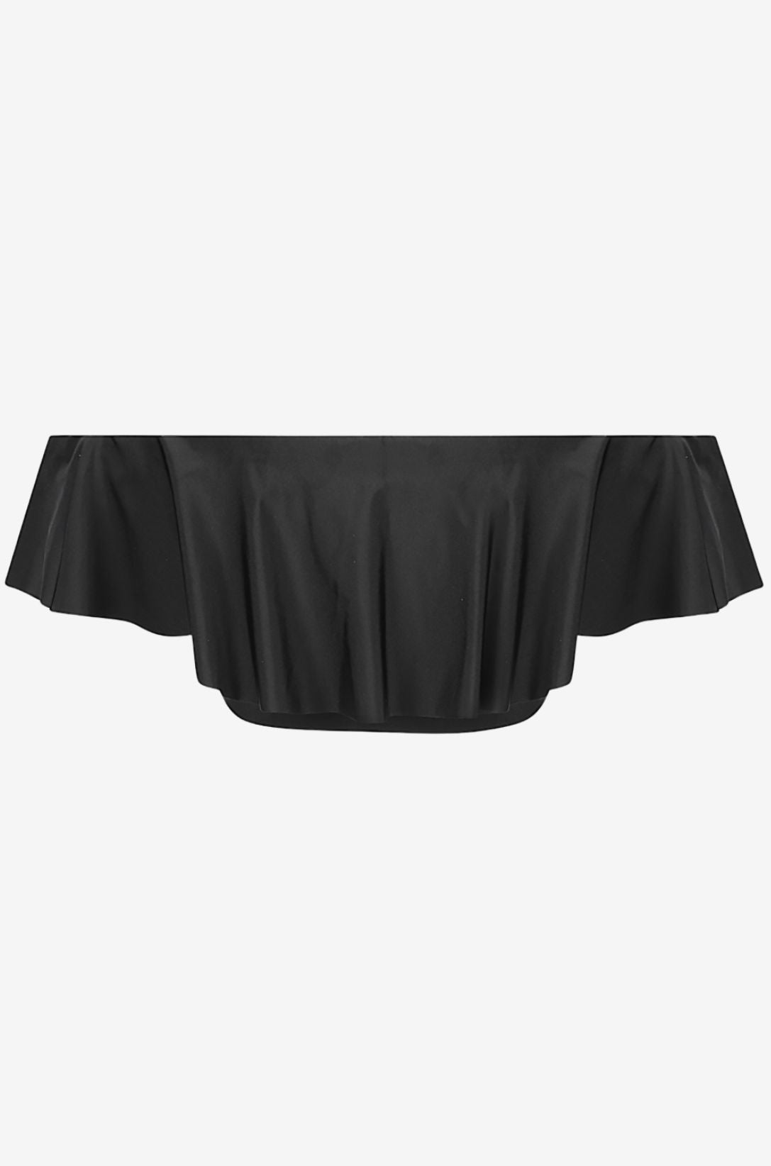 Back view of a black off-shoulder swim top on a grey background