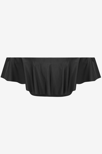 Back view of a black off-shoulder swim top on a grey background