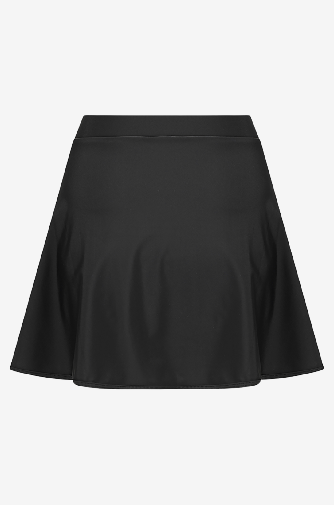 Back view of a black high-waisted swim skirt on a light grey background