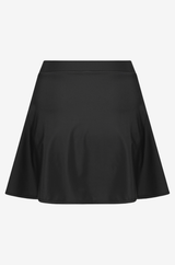 Back view of a black high-waisted swim skirt on a light grey background