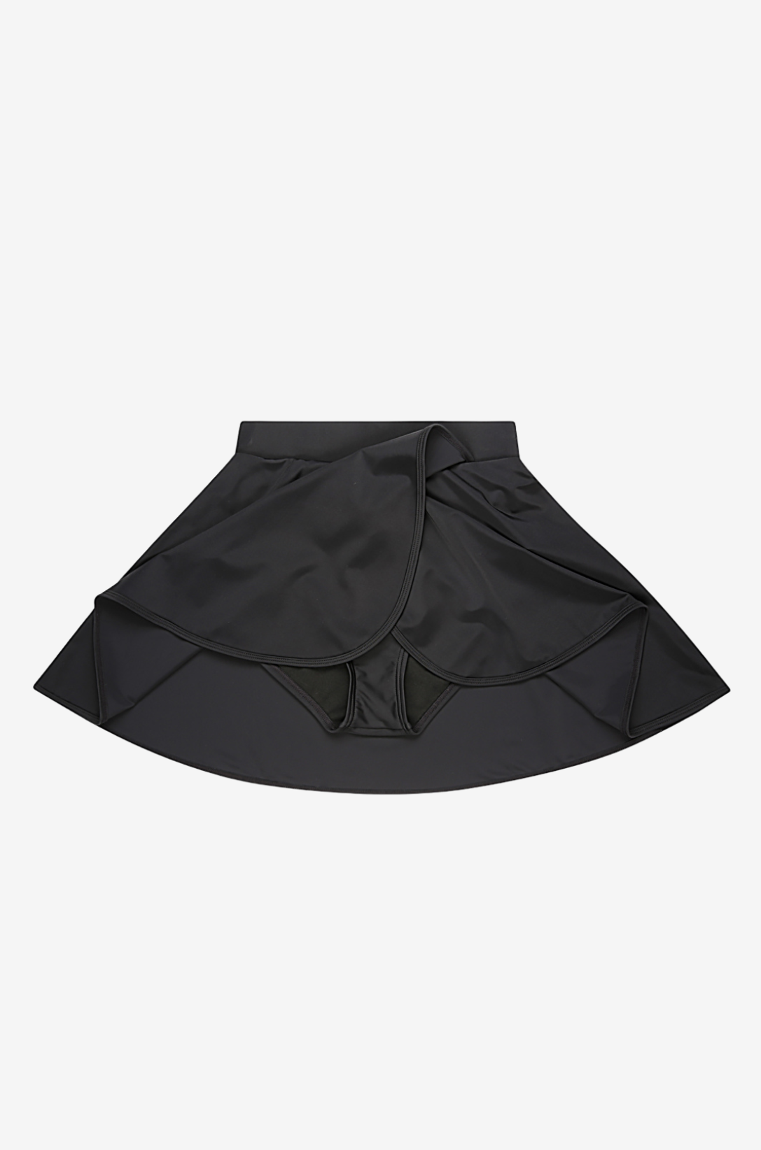 Black high-waisted swim skirt on a light grey background with the internal brief showing