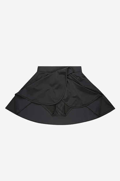 Black high-waisted swim skirt on a light grey background with the internal brief showing