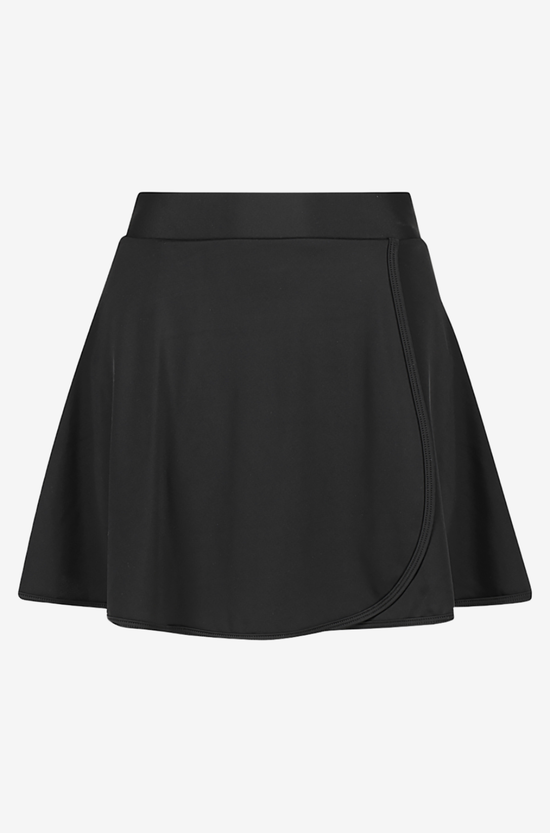 Front view of a black high-waisted swim skirt on a light grey background