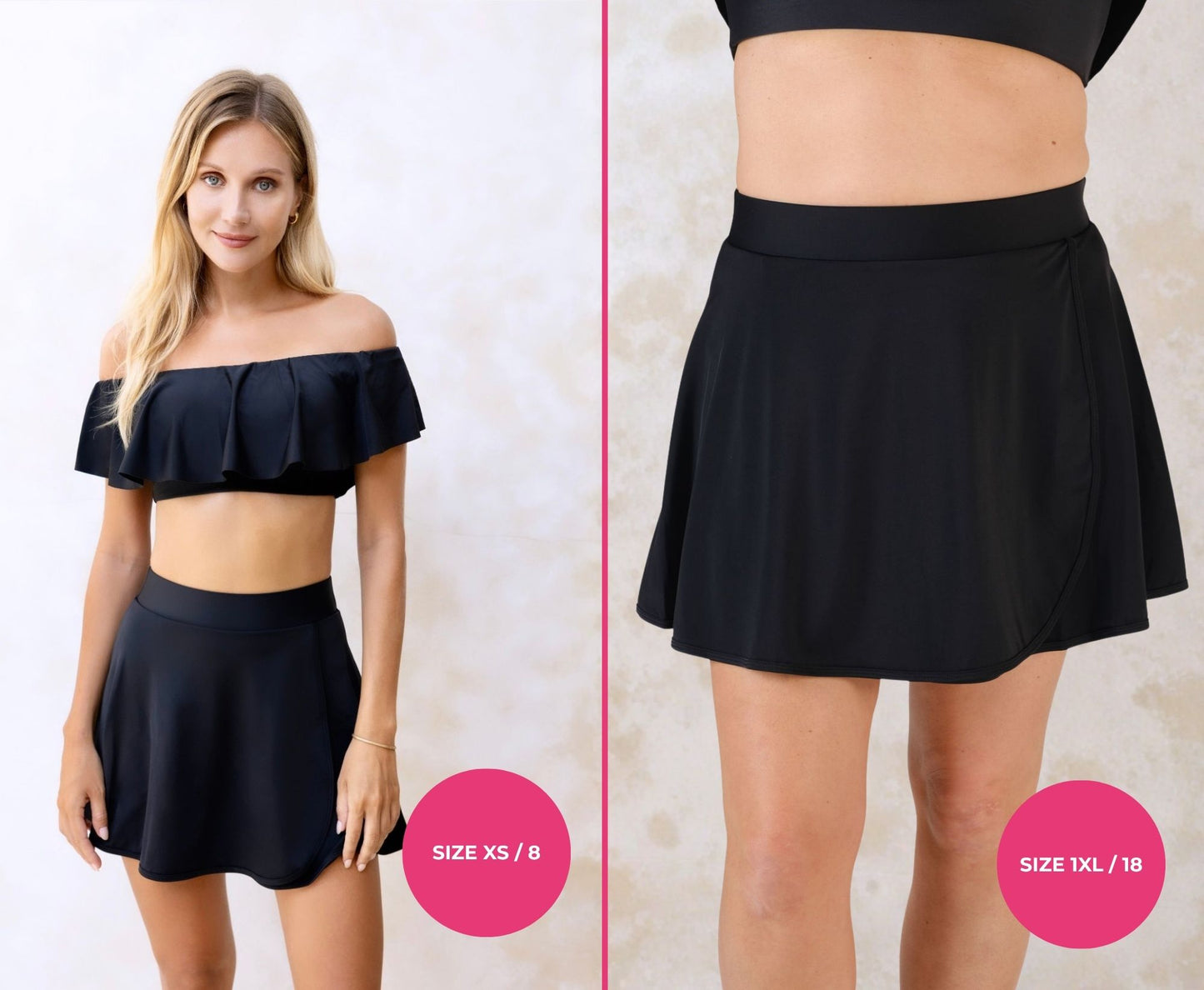 Models wearing a black high-waisted swim skirt and matching off-shoulder swim top with size XS/8 and 1XL/18 labels on a light cream background