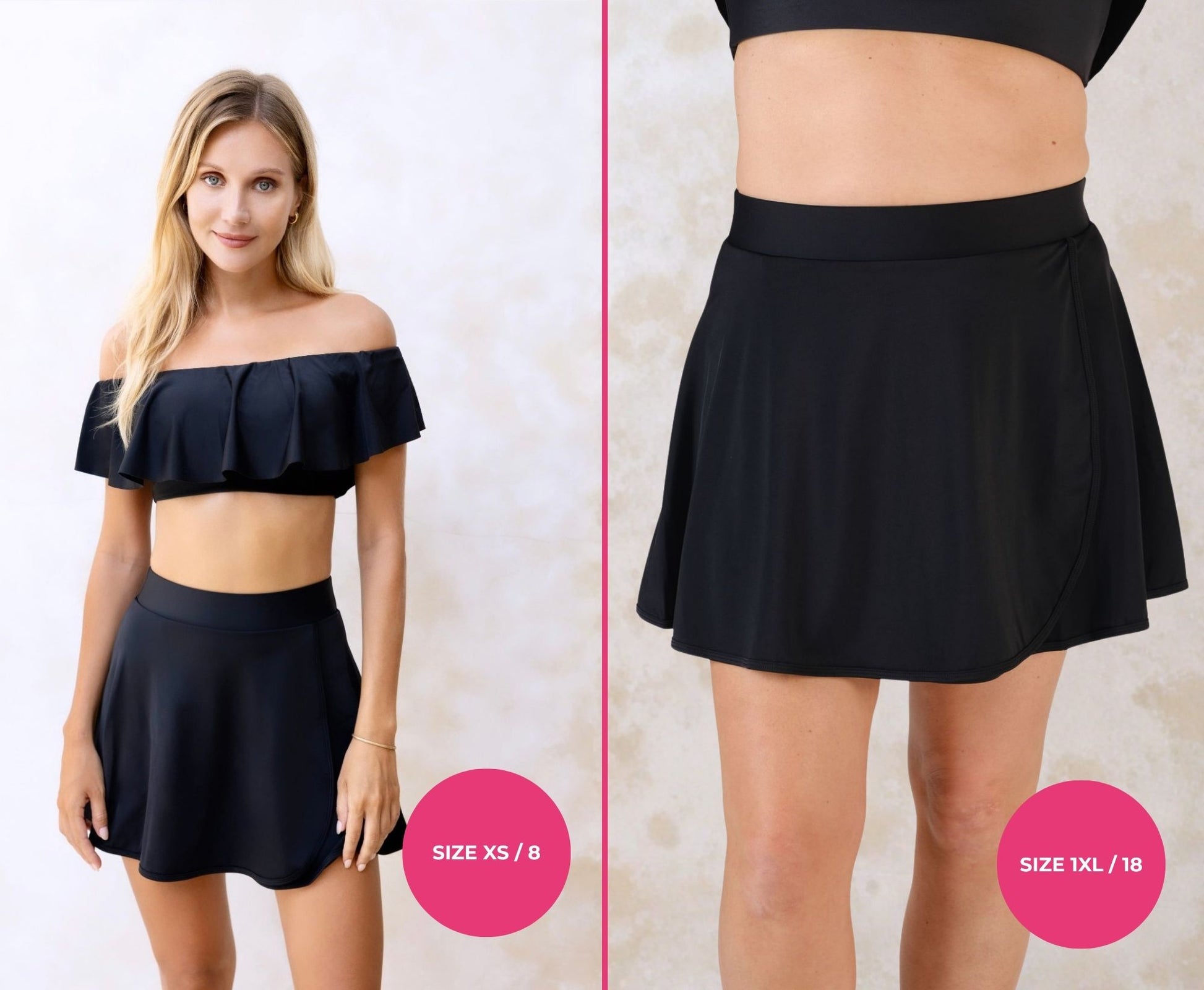 Models wearing a black high-waisted swim skirt and matching off-shoulder swim top with size XS/8 and 1XL/18 labels on a light cream background