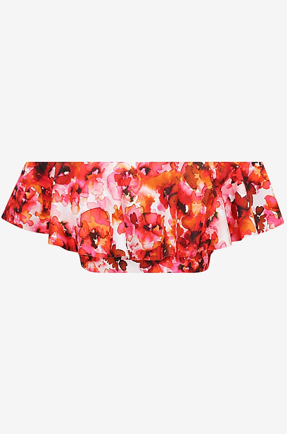 Back view of a floral off-shoulder swim top set on a grey background