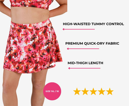 Floral high-waisted swim skirt on a model size 1XL/18 with text highlighting features and a five-star rating