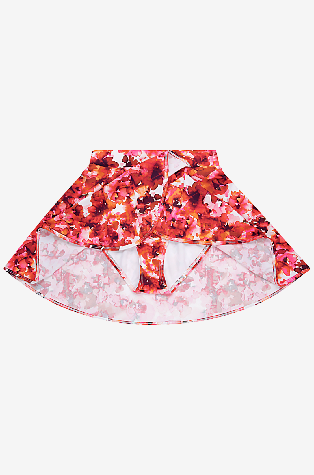 Red and pink floral patterned high-waisted swim skirt on a grey background displaying the in-built brief