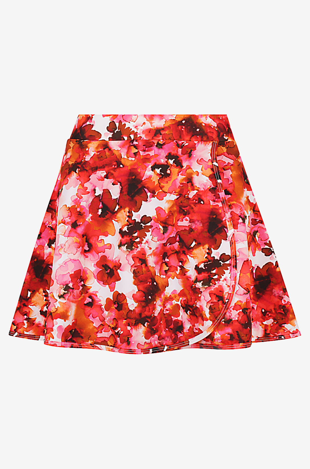Front view of a red and pink floral patterned high-waisted swim skirt on a grey background