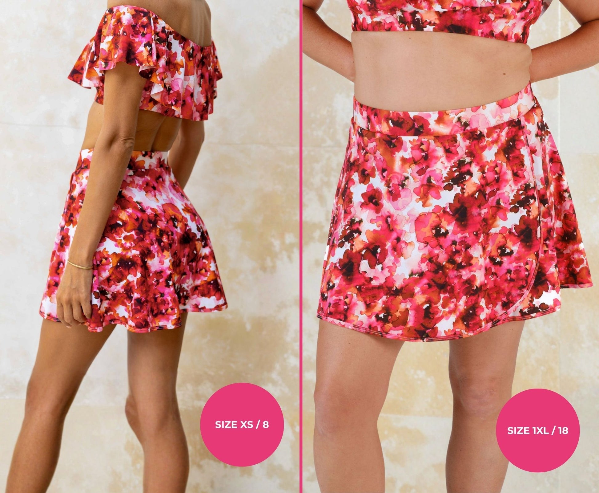 Two views of a floral high-waisted swim skirt and matching off-shoulder top in size XS/8 and 1XL/18 on a plain background
