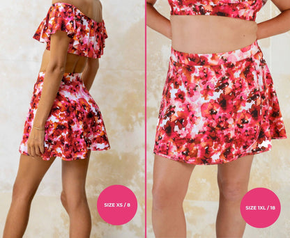 Two views of a floral high-waisted swim skirt and matching off-shoulder top in size XS/8 and 1XL/18 on a plain background