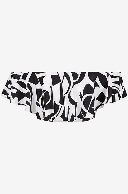 Back view of a black and white geometric patterned off-shoulder swim top on a grey background