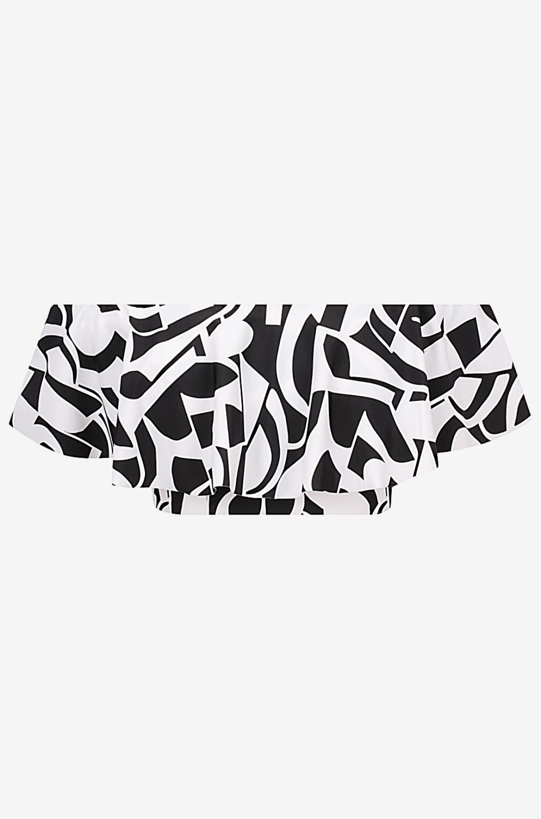 Black and white geometric patterned off-shoulder swim top on a grey background