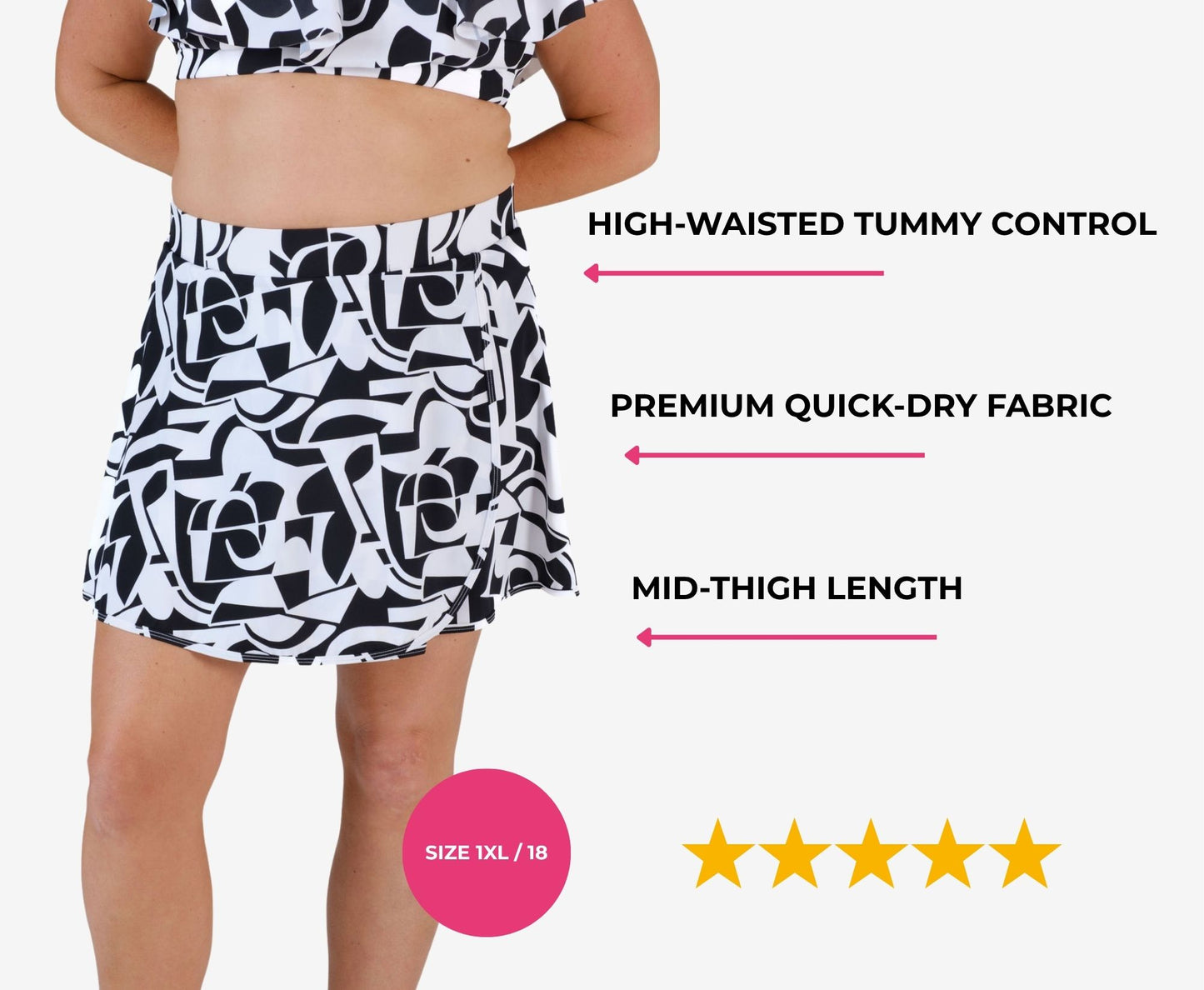 Black and white geometric high-waisted swim skirt on a model size 1XL/18 with text highlighting features and a five-star rating