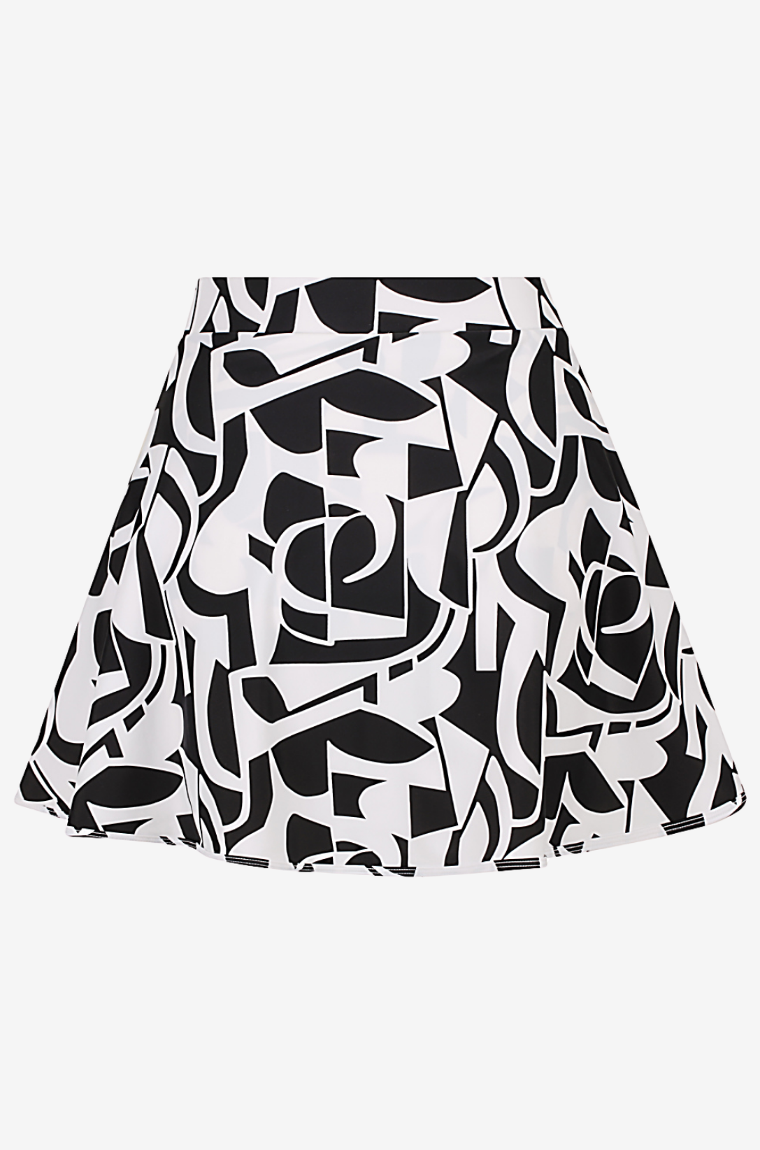 Back view of a black and white geometric high-waisted swim skirt on a grey background