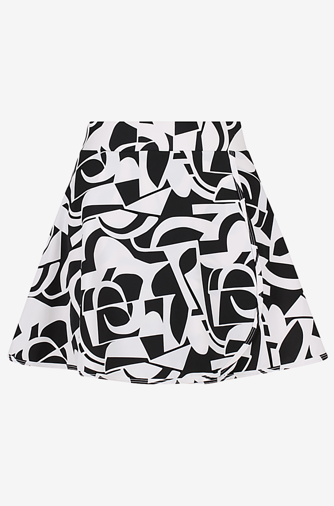 Front view of a black and white geometric high-waisted swim skirt on a grey background