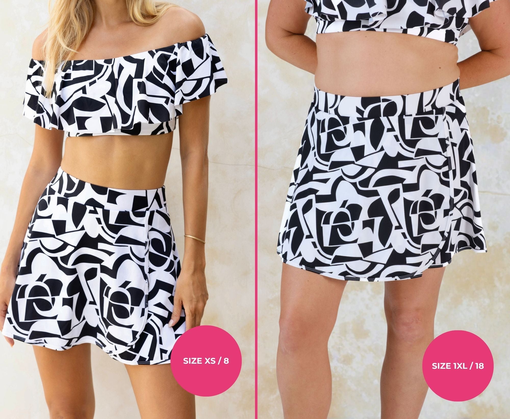 Two models wearing black and white geometric high-waisted swim skirts and matching off-shoulder swim tops with size XS/8 and 1XL/18 labels on a light cream background