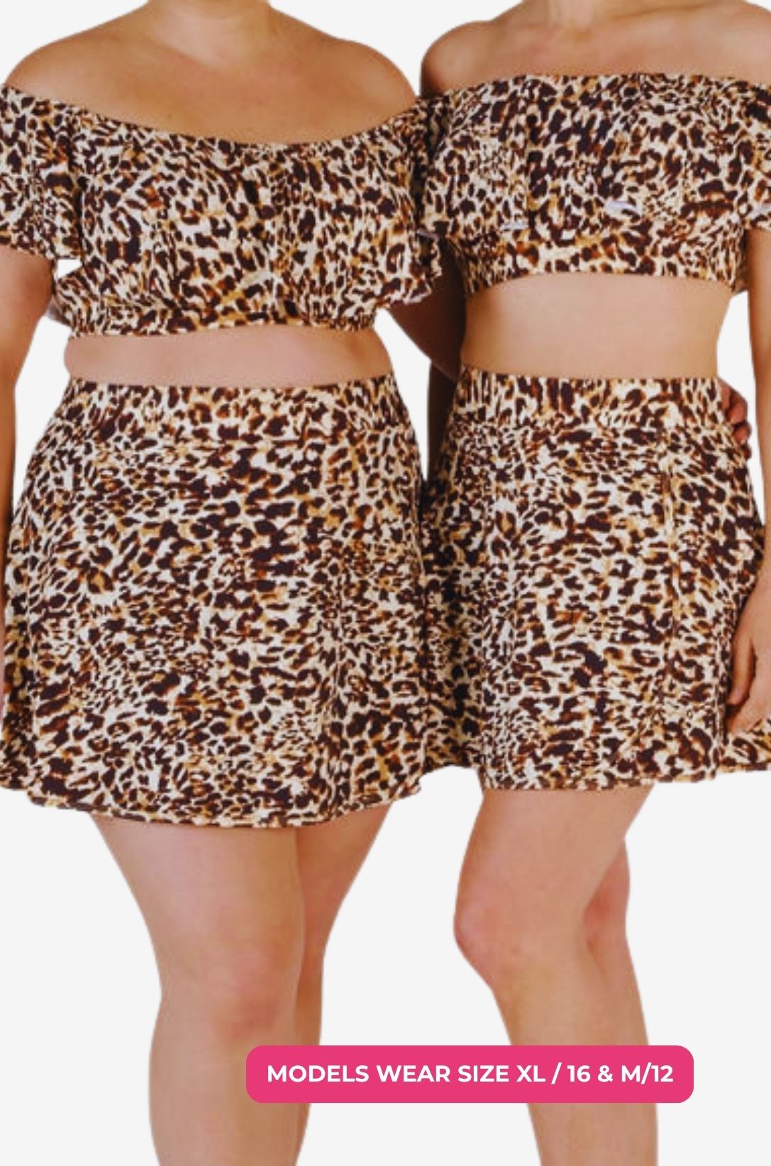 Two models one size 1XL/18 and one size M/12 wearing an off-shoulder swim top and matching high-waisted swim skirt in leopard print