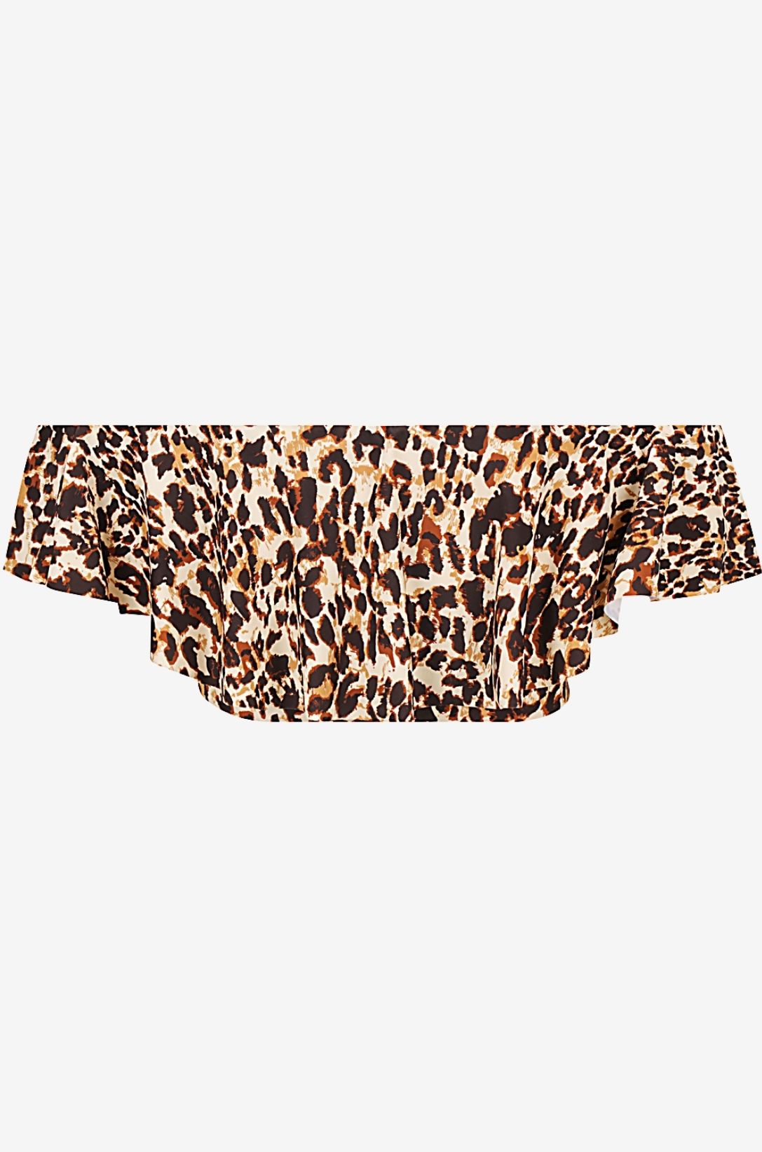 Back view of an off-shoulder swim top in leopard print set on a grey background