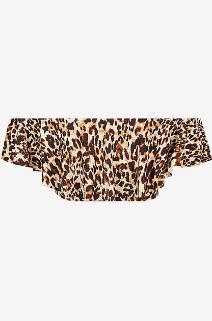 Back view of an off-shoulder swim top in leopard print set on a grey background