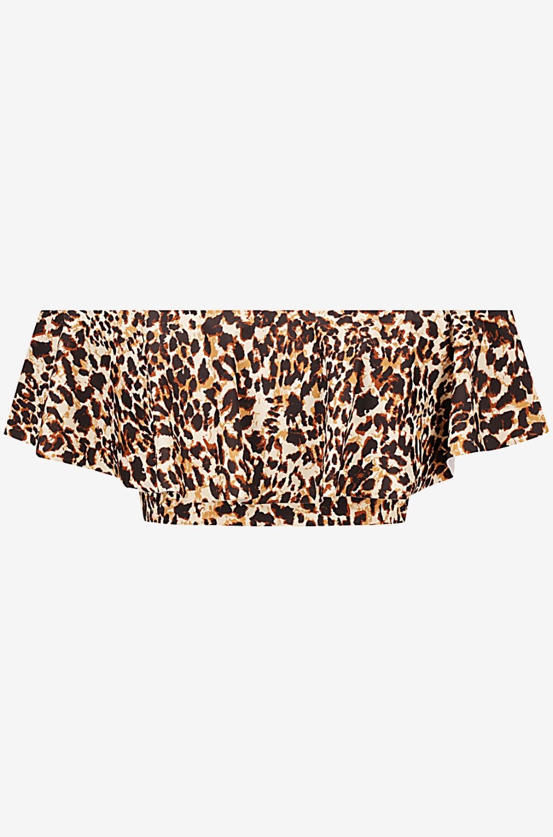 Off-shoulder swim top in leopard print set on a grey background