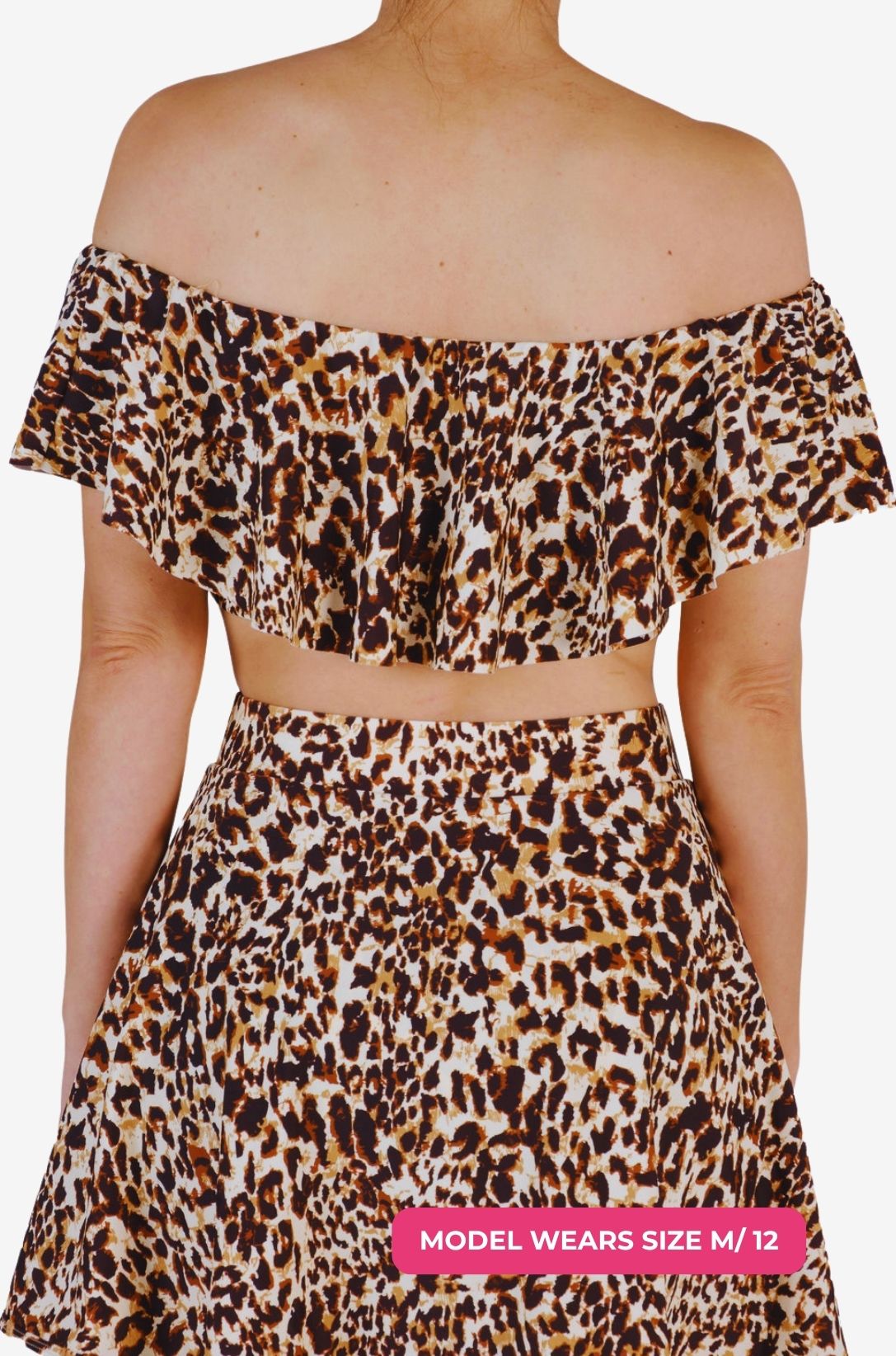 Back view of a model size M/12 wearing an off-shoulder swim top in leopard print