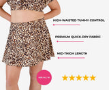 Leopard print high-waisted swim skirt on a model size 1XL/18 with text highlighting features and a five-star rating