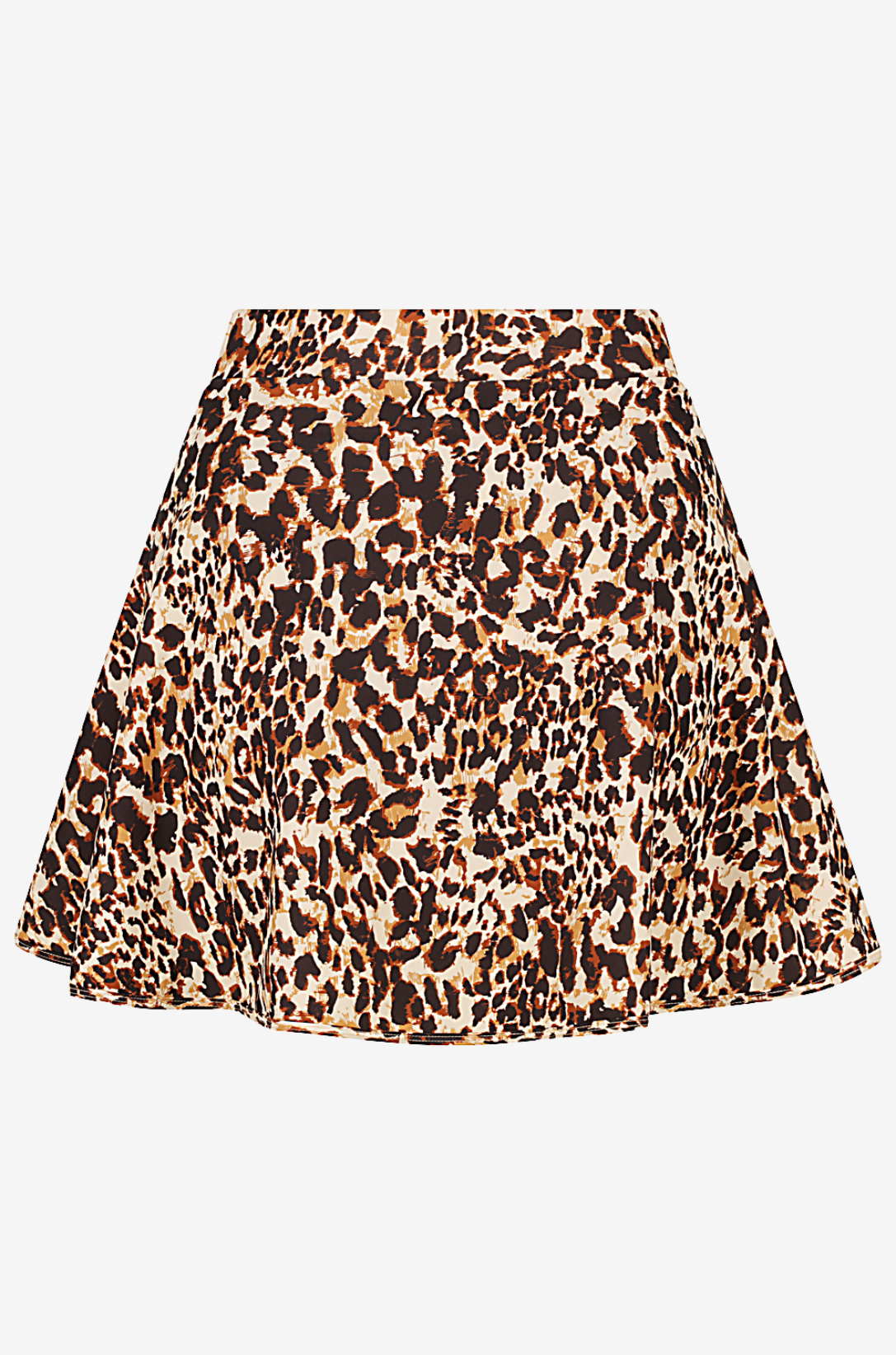 Back view of a leopard print high-waisted swim skirt on a light grey background
