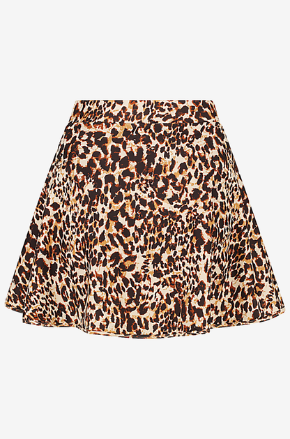 Back view of a leopard print high-waisted swim skirt on a light grey background