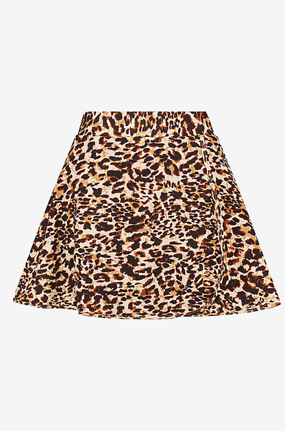 Front view of a leopard print high-waisted swim skirt on a light grey background